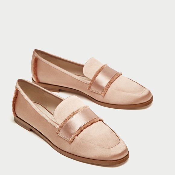 Zara Slip On Basic Satin Slip On Loafer Frayed Fringed Light Pink‎ Womens… - Picture 1 of 11